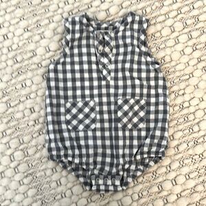 Pehr Checkmate Gingham Romper, 12-18M, navy blue, 100% organic cotton